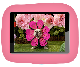Cute dog dressed as a flower in pink on iPad screen for link to AG ecards page 